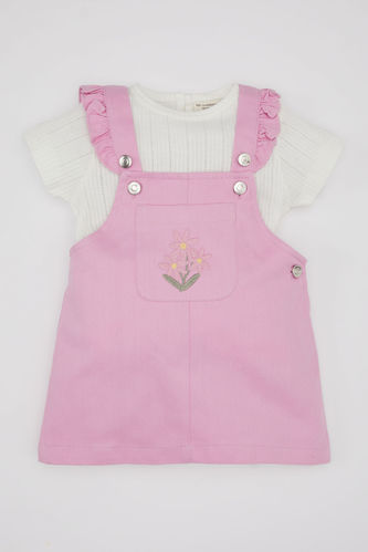 Kız Bebek Kısa Kollu Tişört Çiçekli Gabardin Salopet Elbise 2'li Takım