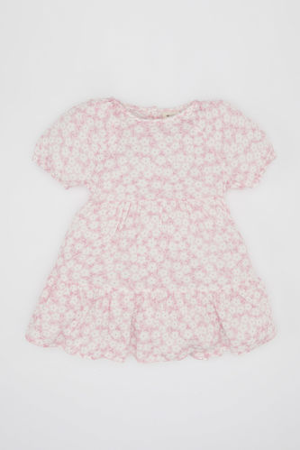 Kız Bebek Çiçekli Kısa Kollu Krinkıl Kumaş Elbise