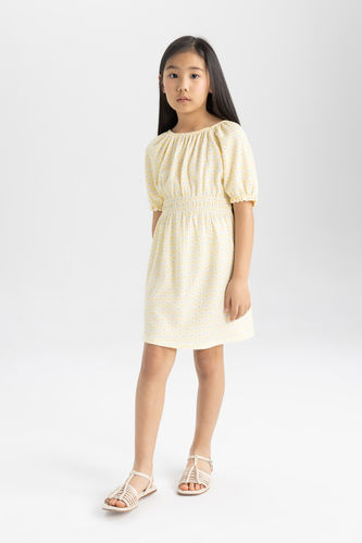 Girl Wrinkled Patterned Short Sleeve Dress