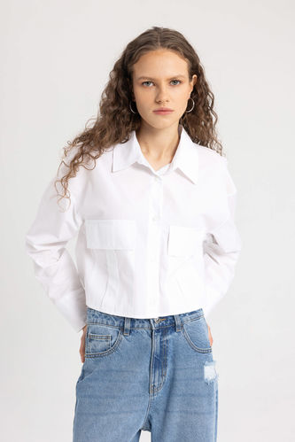 Crop Shirt Collar Poplin Long Sleeve Shirt