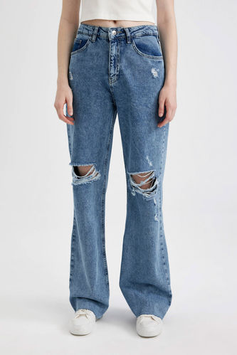 90's Wide Leg Yırtık Detaylı Yüksek Bel Geniş Paça Uzun Jean Pantolon