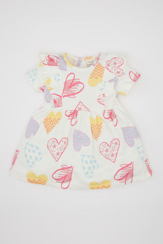 Kız Bebek Kalp Desenli Kısa Kollu Elbise
