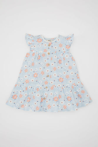 Kız Bebek Çiçekli Kısa Kollu Poplin Elbise