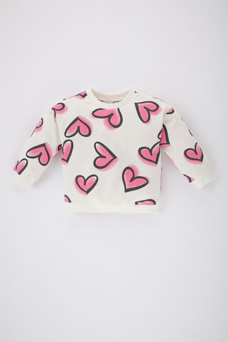 Baby Girl Crew Neck Heart Patterned Sweatshirt