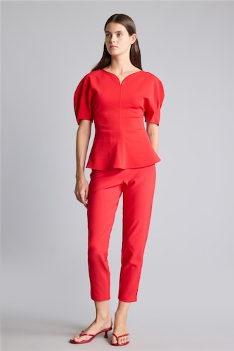 Women Red High Waist Carrot Fit Trousers