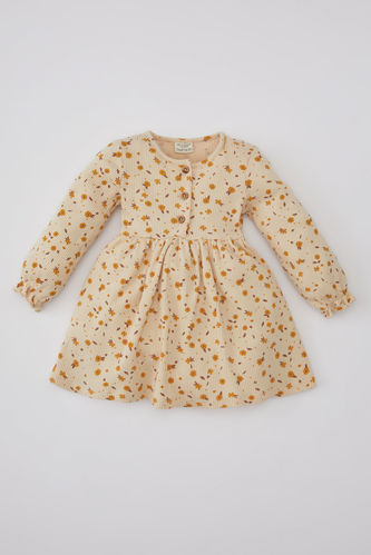 Baby Girl Patterned Long Sleeve Ribbed Dress