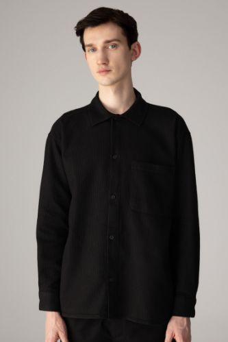 Oversize Geniş Kalıp Polo Yaka Waffle Uzun Kollu Siyah Gömlek
