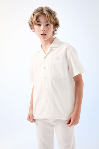 Boy Oversize Fit Polo Neck Linen Look Short Sleeve Shirt