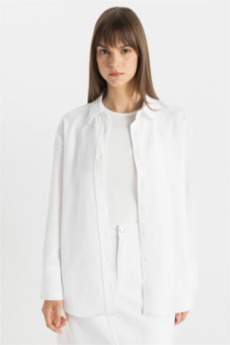 Kadın Beyaz Relax Fit Keten Uzun Kollu Gömlek Tunik