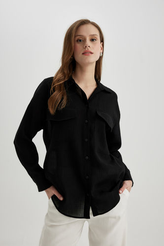 Oversize Fit Shirt Collar Crinkle Fabric Long Sleeve Shirt