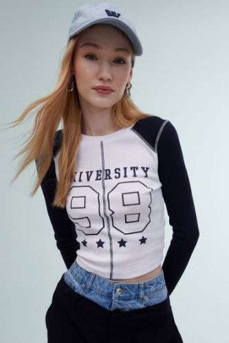 Coool Fitted Bisiklet Yaka Baskılı Fitilli Kaşkorse Uzun Kollu Tişört