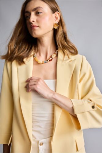 Kadın Açık Sarı Oversize Ceket Yaka Basic Blazer