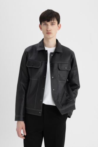 Slim Fit Ceket Mont Dar Kesim Polo Yaka Astarlı Çıtçıt Kapamalı Cepli Mevsimlik Suni Deri