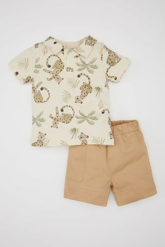 Baby Boy Animal Patterned Polo Neck 2 Piece T-Shirt Shorts Set