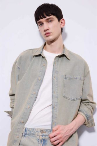 HOMME BLEU Clair Chemise en Jean Oversize à Manches Longues à effet décoloré
