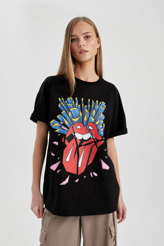 Oversize Fit Rolling Stones Licensed Crew Neck Printed Short Sleeve T-Shirt