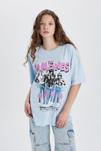 T-Shirt Oversize Imprimé Ramones à Manches Courtes à Col Rond