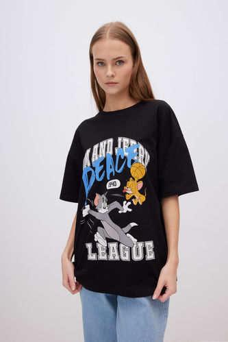 T-Shirt Oversize Unisexe Col Rond Imprimé Tom & Jerry à Manches Courtes