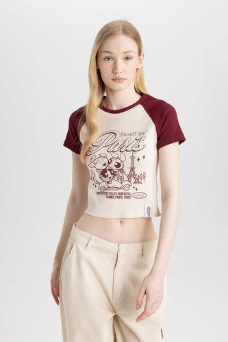 T-Shirt Slim Imprimé Powerpuff Girls à Manches Courtes à Col Rond