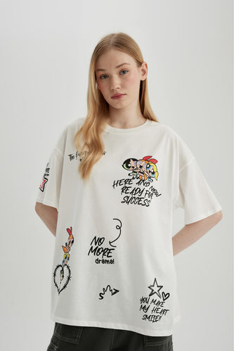 T-Shirt Oversize Col Rond Imprimé Powerpuff Girls à Manches Courtes