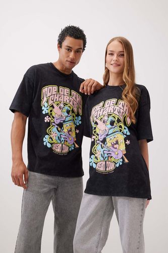 T-Shirt Oversize Unisexe Coton Épais Imprimé Au Dos Spongebob Col Rond à Manches Courtes