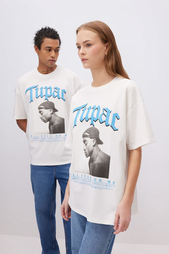 T-Shirt Coton Épais Unisexe Imprimé Tupac Shakur Col Rond à Manches Courtes