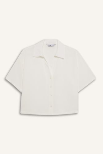 Oversize Geniş Kalıp Keten Karışımlı Kısa Kollu Beyaz Gömlek