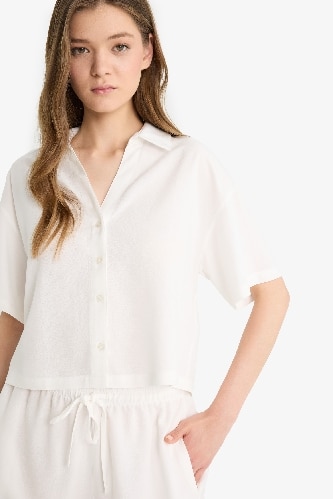 Oversize Geniş Kalıp Keten Karışımlı Kısa Kollu Beyaz Gömlek