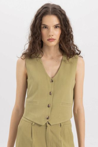 V Yaka Keten Karışımlı Blazer Yelek