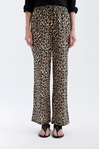 Wide Leg Leopar Desenli Uzun Boy Vual Pantolon Yüksek Bel Geniş Paça Cepli