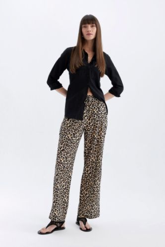 Wide Leg Leopar Desenli Uzun Boy Vual Pantolon Yüksek Bel Geniş Paça Cepli