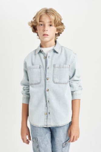 Erkek Çocuk Oversize Geniş Kalıp Polo Yaka Cepli Jean Uzun Kollu Gömlek