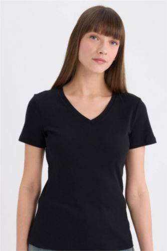 Slim Fit V Neck Basic Rib Short Sleeve T-Shirt