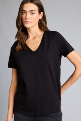 WOMAN Black Slim Fit V-Neck Basic Ribbed Short Sleeve T-shirt