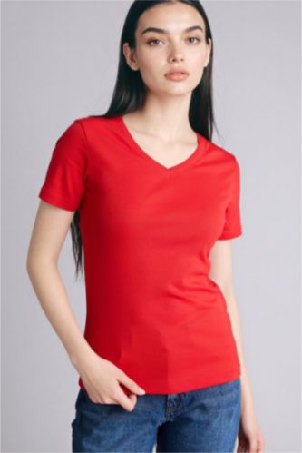 WOMAN Red Slim Fit V-Neck Basic Ribbed Short Sleeve T-Shirt