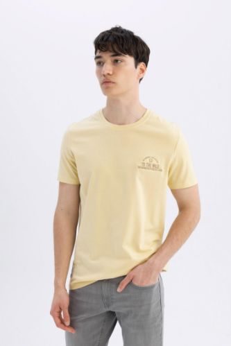 Slim Fit Dar Kesim Bisiklet Yaka Baskılı Kısa Kollu Tişört