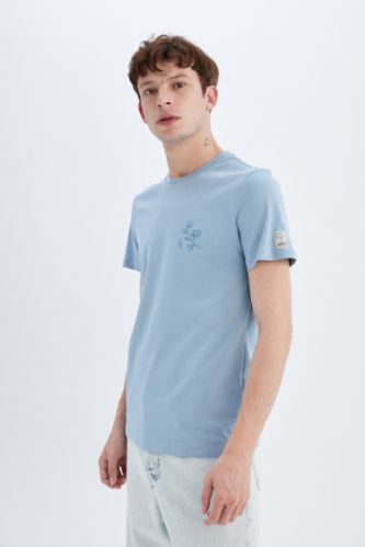 Slim Fit Dar Kesim Bisiklet Yaka Baskılı Kısa Kollu Tişört