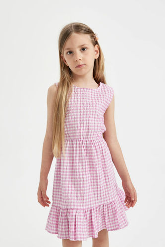 Kız Çocuk Kareli Kolsuz Elbise