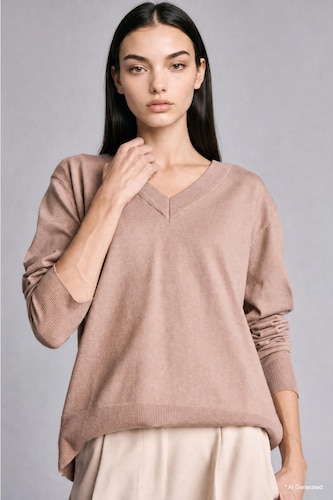 Women Beige Relax Fit V-Neck Beige Pullover
