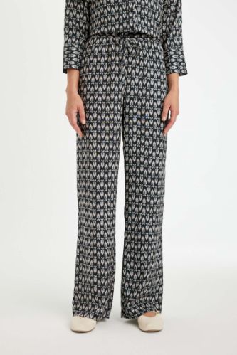 Rahat Pantolon Wide Leg Geniş Bol Paça Desenli Yüksek Bel