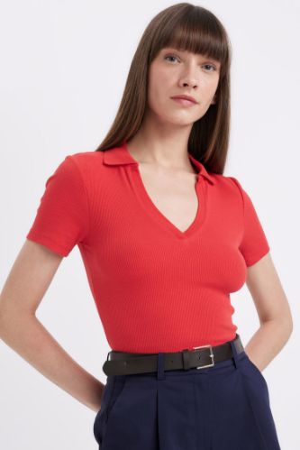 Slim Fit Dar Kesim Fitilli Kaşkorse Kısa Kollu Polo Tişört