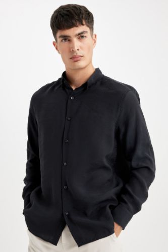 Relax Fit Polo Yaka Poplin Modal Basic Düz Uzun Kollu Siyah Gömlek