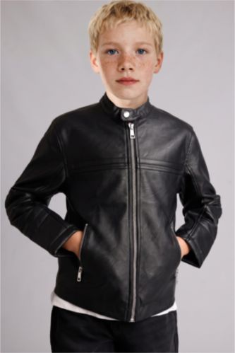 Young Boys - Teen Boys Black Boy Water Repellent Faux Leather Jacket