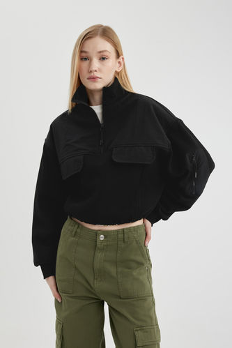 Zipper Collar Thick Fabric Crop Sweatshirt