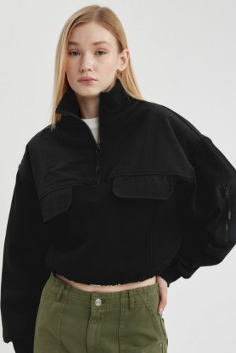 Coool Fermuarlı Yaka Crop Kalın Sweatshirt