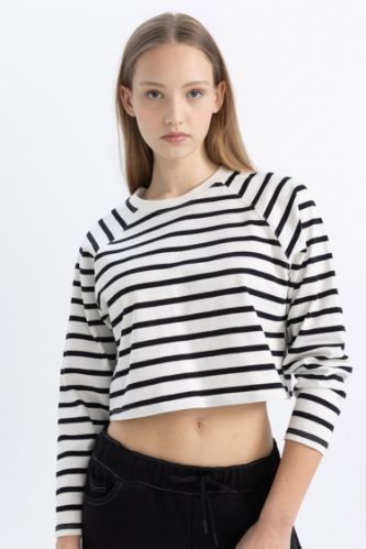Coool Loose Fit Bisiklet Yaka Çizgili Uzun Kollu Tişört