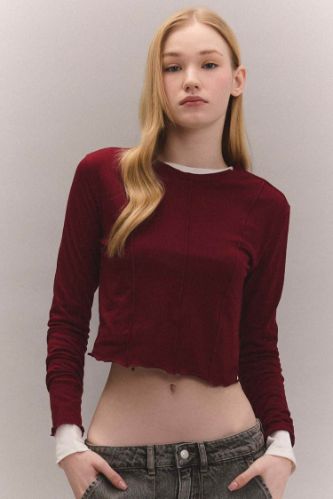 Coool Fitted Bisiklet Yaka Basic Düz Crop Uzun Kollu Tişört