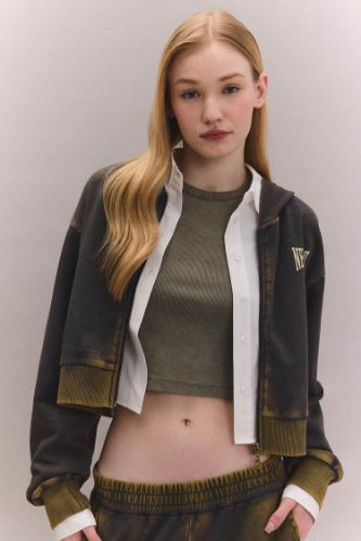 Coool Crop Kapüşonlu Baskılı Soluk Yıkama Efektli Kalın Fermuarlı Sweatshirt