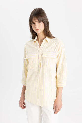 Relax Fit Shirt Collar Poplin Long Sleeve Striped Tunic