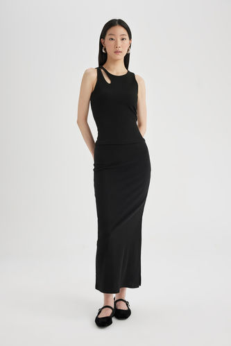 High Waist Combed Cotton Lining Ribbed Midi Skirt